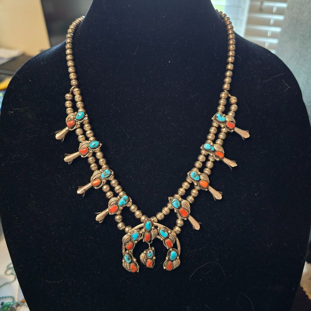 Vintage Navajo Squash Blossom Necklace Sterling Silver Turquoise Red Coral